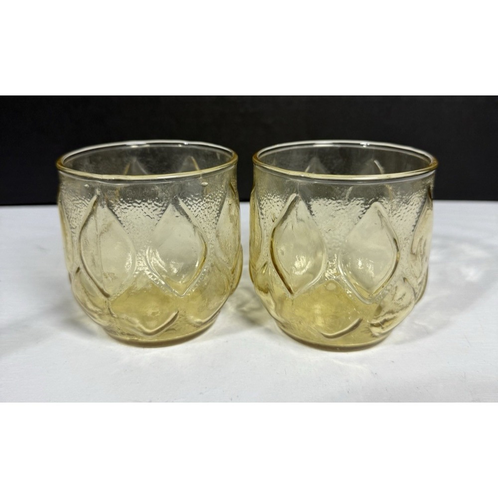Two Vintage Anchor Hocking Gold Yellow Diamond Quilt Lowball Glasses 3" High